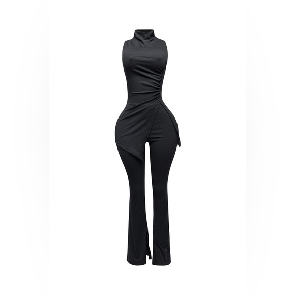 🟠 194B. Mock Neck Slit Top Flared Pant Set - Black - Picture 1 of 4